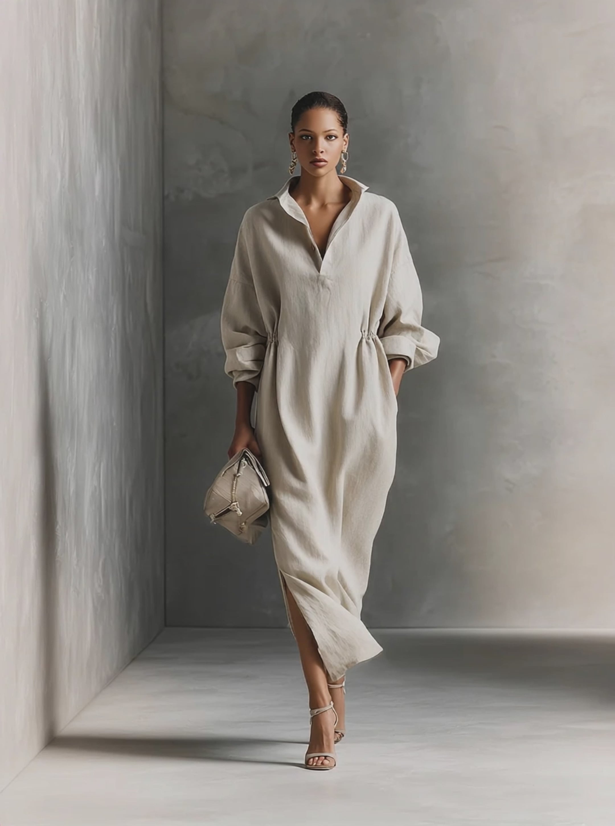 Women's Beige Relaxed Cotton Drawstring - Detail Maxi Dress MDA1121H0I